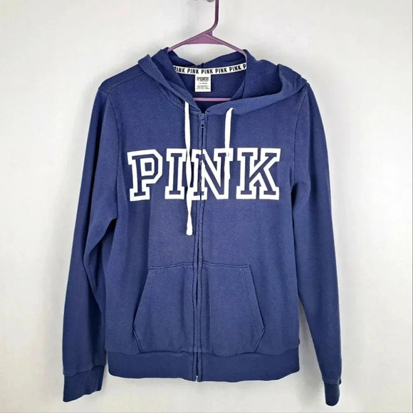PINK Victoria's Secret Tops - Victoria's Secret PINK zip hoodie jacket, Blue/White, sz L